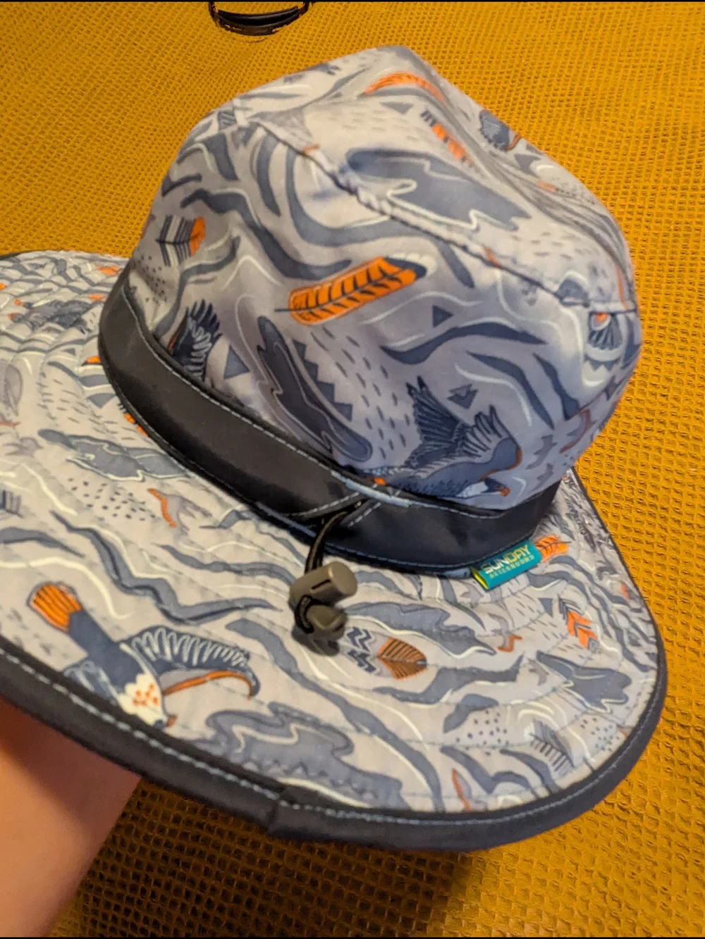 Sunday Kids Sun Hat in Gray, Blue, Orange Bird Print